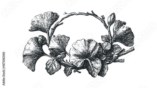 Hand-drawn botanical wreath featuring ginkgo leaves and a blooming flower. Vector hand drawn illustration