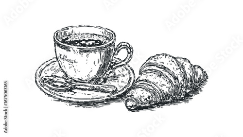 Sketch of a Hot Coffee Cup and Croissant on a Saucer with Spoon. Vector hand drawn illustration