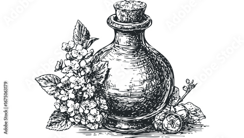 Vintage Glass Bottle With Cork Stopper and Botanical Elements. Vector hand drawn illustration