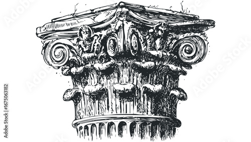 Architectural Column Capital with Scrolls and Acanthus Leaves Drawing. Vector hand drawn illustration