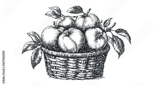 Basket filled with ripe apples and leafy branches rendered in a classic sketch style. Vector hand drawn illustration