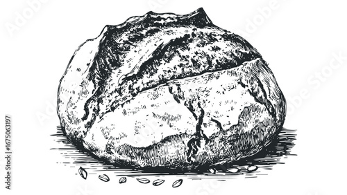 Detailed Sketch of Crusty Artisanal Loaf with Scattered Grains. Vector hand drawn illustration