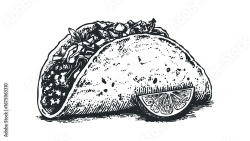 Detailed sketch of a single taco with lime wedge. Vector hand drawn illustration