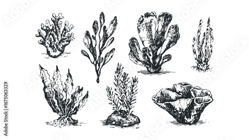 Collection of hand drawn underwater flora and coral specimens. Vector hand drawn illustration