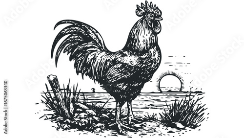 Majestic Rooster Standing Proudly by Waterside at Sunrise. Vector hand drawn illustration