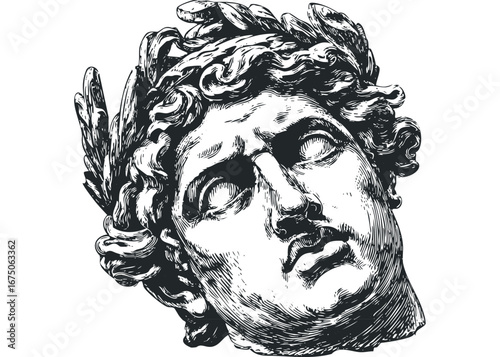 Classical Man's Head Sculpture with Laurel Wreath. Vector hand drawn illustration