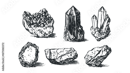 Collection of crystalline mineral formations and rough stone shapes. Vector hand drawn illustration