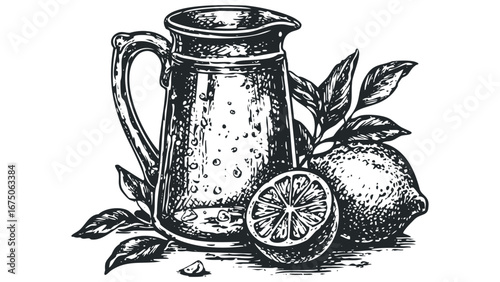 Pitcher of Lemonade with Whole and Sliced Citrus Fruits and Leaves. Vector hand drawn illustration