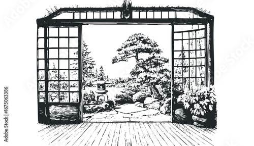 Ink sketch of traditional Japanese garden viewed through open sliding doors. Vector hand drawn illustration