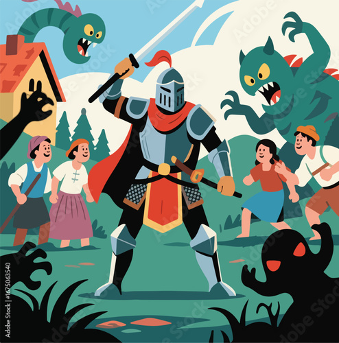 Knight protecting villagers from monsters with his sword in a heroic artwork. Suitable for fantasy books, game design, posters, and marketing