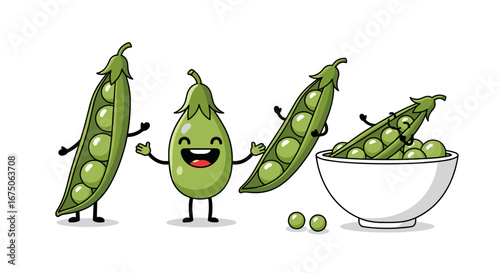 Cute cartoon peas characters enjoying a fun day in the garden together