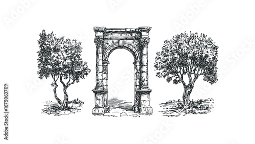 Hand-drawn sketch of ancient stone archway between two leafy trees. Vector hand drawn illustration