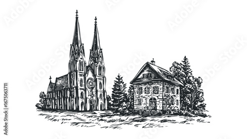 Architectural sketch of a Gothic cathedral alongside a historic house with trees. Vector hand drawn illustration
