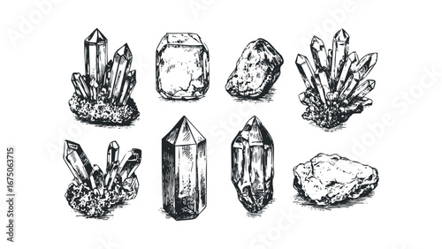 Hand Drawn Collection of Mineral Crystals and Rocks. Vector hand drawn illustration