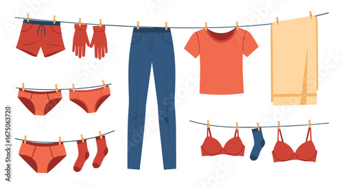 Collection of various laundry items hanging on a clothesline outdoors for drying freshness