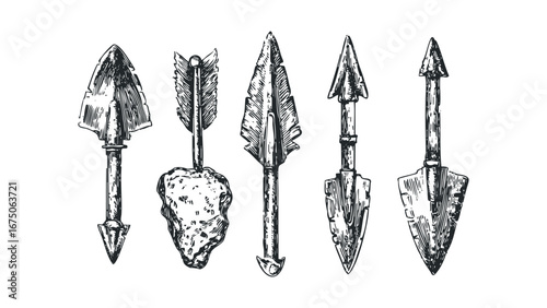 Collection of Ancient Arrowheads and Digging Tools Depicted in Sketch Style. Vector hand drawn illustration