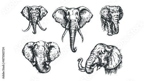 Collection of Hand Drawn Elephant Portraits with Detailed Textures. Vector hand drawn illustration