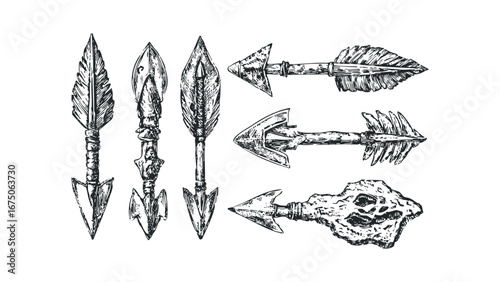 Sketch of various ancient projectile heads and fletching. Vector hand drawn illustration