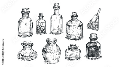 Collection of assorted glass bottles with cork stoppers arranged on white background. Vector hand drawn illustration