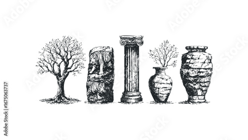 Collection of ancient artifacts and natural elements with a striking tiger depiction. Vector hand drawn illustration