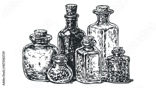 Group of antique glass bottles with cork stoppers. Vector hand drawn illustration