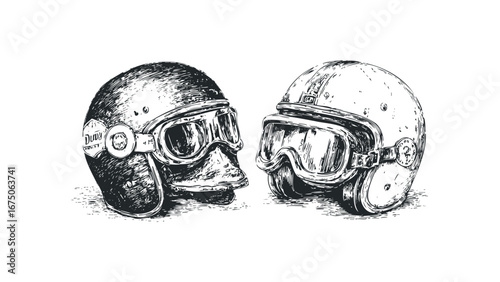 Two vintage motorcycle helmets with goggles displayed on a white background. Vector hand drawn illustration