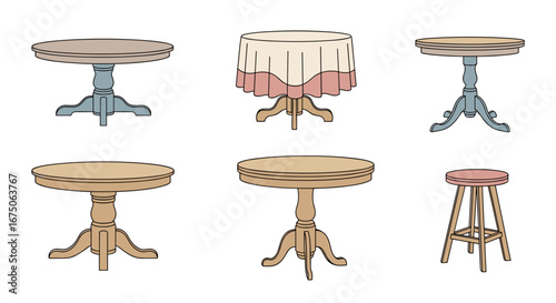 Collection of six wooden round pedestal tables and a stool rendered in a charming hand drawn style