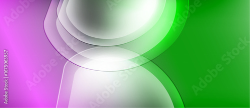 Abstract composition features overlapping shapes. Pink, green, white hues create modern visual effect. Smooth gradients define forms.