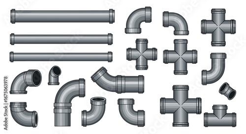 Collection of metal pipe fittings and plumbing components for industrial applications