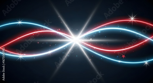 Futuristic abstract background inspired by Chilean colors, with glowing blue and red neon waves intersecting over a dark elegant backdrop, subtle white light beams, and holographic star motifs