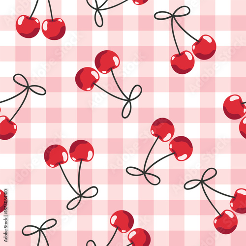Cherry berry seamless pattern. Cottage aesthetic. Juicy summer picnic vector background with cherries and gingham check. Bright yummy wallpaper. Fruity sweet food illustration allover repeat print.