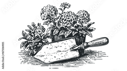 Black and White Sketch of Garden Trowel with Potted Hydrangea Plants. Vector hand drawn illustration