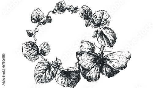 Intricate ink drawing of a butterfly resting on a leafy vine forming a circular wreath. Vector hand drawn illustration