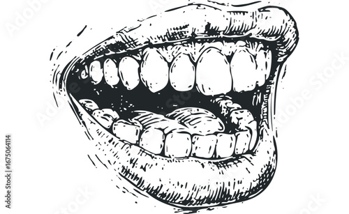 Close Up of Open Mouth with Detailed Teeth and Lips in Black and White. Vector hand drawn illustration