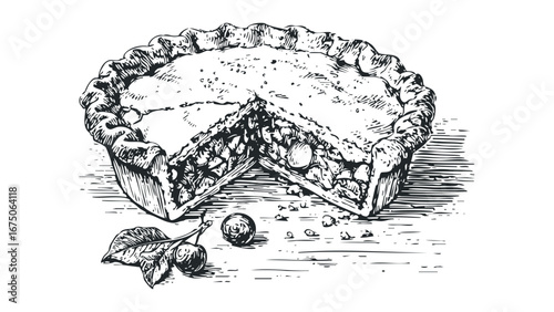 Detailed sketch of a round pie with a slice removed showing fruit filling and crust. Vector hand drawn illustration
