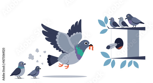A pigeon parent bringing food to its hungry nestlings and young birds learning to fly