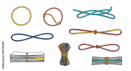 Collection of various types of knots and bundled materials tied with twine or string
