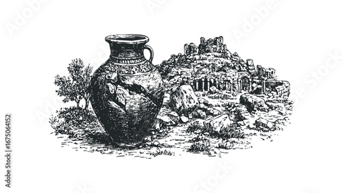 Ancient ceramic vessel near ruined stone structures and vegetation. Vector hand drawn illustration