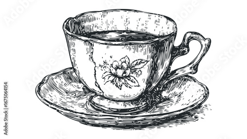 Detailed sketch of a vintage teacup and saucer with floral adornment. Vector hand drawn illustration