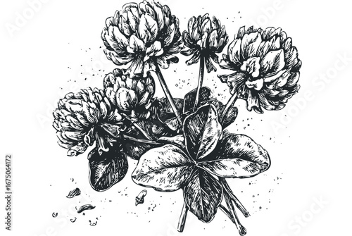Detailed ink drawing of red clover blossoms and a four-leaf clover. Vector hand drawn illustration