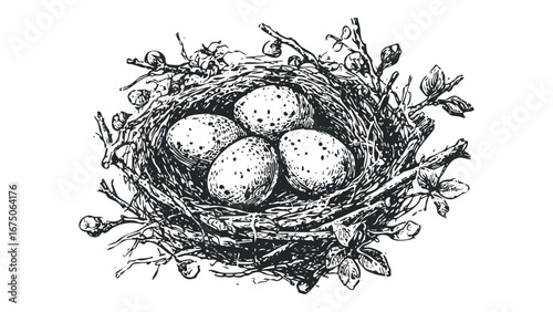 Bird Nest with Four Speckled Eggs and Delicate Branch Foliage. Vector hand drawn illustration
