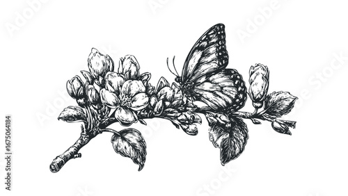 Detailed Sketch of Butterfly Resting on Blooming Branch. Vector hand drawn illustration