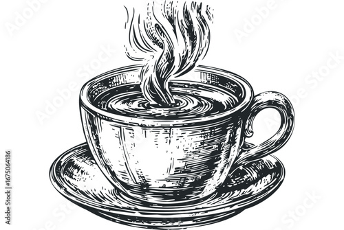 Ink drawing of steaming coffee cup and saucer with swirling liquid. Vector hand drawn illustration