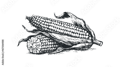 Vintage Engraved Corn Ears with Husk Illustration. Vector hand drawn illustration