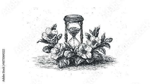 Vintage hourglass with delicate flowers and textured background. Vector hand drawn illustration