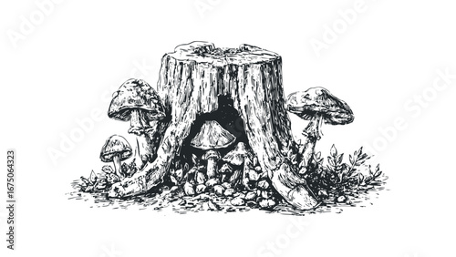 Forest stump with mushrooms and foliage drawn in monochrome sketch style. Vector hand drawn illustration