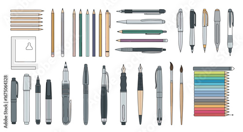 Collection of writing instruments including pencils pens markers and paint brushes displayed on white background