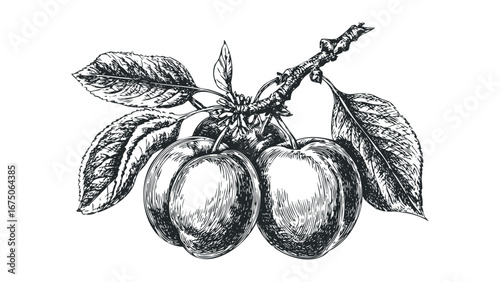 Sketch of Ripe Plums Hanging from a Twig with Leaves. Vector hand drawn illustration