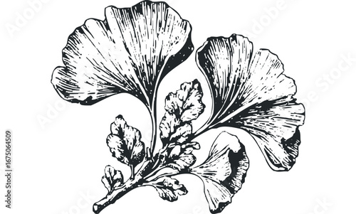 Ginkgo Biloba Tree Branch with Fan-Shaped Leaves in Ink Style. Vector hand drawn illustration