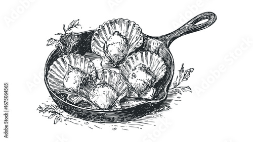 Scallops in shells served in a pan with garnish sketch. Vector hand drawn illustration